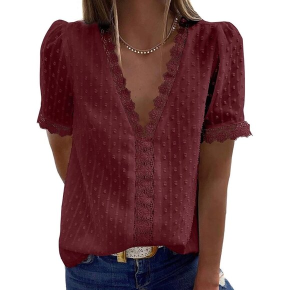 🍒 2/$20 🍒 Loose V-Neck Tunic Top in Dark Red ,Lace Edges, Daisy Button sz M - Picture 1 of 5